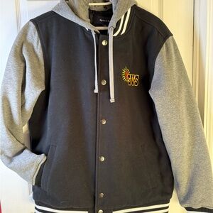 Men’s Sport Tek Blsck and Gray Varsity Jacket with Hood SVS on chest Size Large